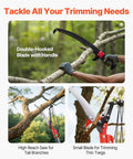 Extendable Manual Pole Saw With Eight Section Reach Up To 27 Feet, Sharp 65Mn Steel Blade, Lightweight Fiberglass Pole, shown on tree