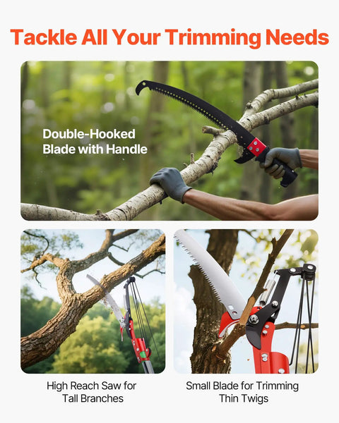 Extendable Manual Pole Saw With Eight Section Reach Up To 27 Feet, Sharp 65Mn Steel Blade, Lightweight Fiberglass Pole, shown on tree