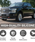 Black Ford F-150 truck with Ford Tow Hook Covers Red For F150 2004 2024 And Toyota Tundra 2017 2021 Accessories No Drill Easy Fit Front.
