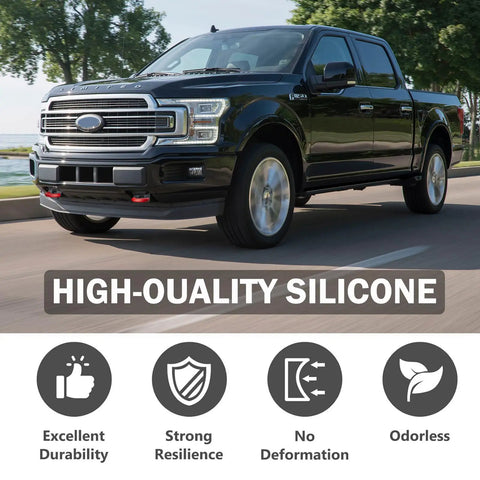 Black Ford F-150 truck with Ford Tow Hook Covers Red For F150 2004 2024 And Toyota Tundra 2017 2021 Accessories No Drill Easy Fit Front.