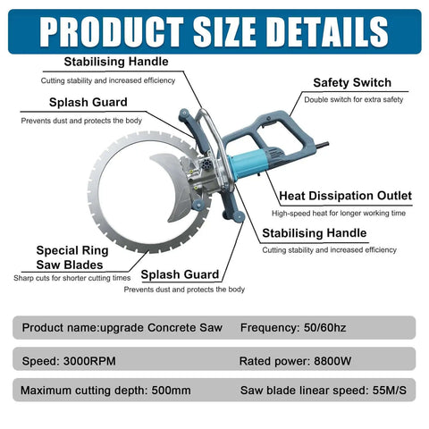 8800W Wet Masonry Ring Saw With Anti Vib Cushion Grip And Water Cooling For Dust Free Concrete Granite Marble Cutting Includes Dual 23 Inch Diamond Blades, detailed product specifications and features.