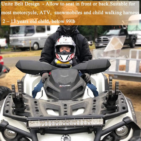 Child seated on ATV with helmet, using Four In One Kiddo Friendly Motorcycle Harness For Safe Rides In Bright Yellow with adult driver.