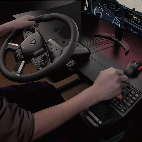 Person using Truck Driving Simulator Control System For Windows 11 And 10 with steering wheel and shifter panel