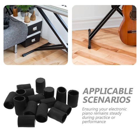 8 Pack Round Non Slip Piano Stand Foot Pads For Digital Keyboard Floor Protection Stable Base Grippy Leg Caps For Music Studio And Home Practice Everyday, black plastic caps next to piano stand on wooden floor