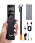 Person holding L8 Electric Bike Pump Portable Tire Inflator With Pressure Gauge Auto Shut Off 150 PSI Fast Inflation Rechargeable USB C accessories.