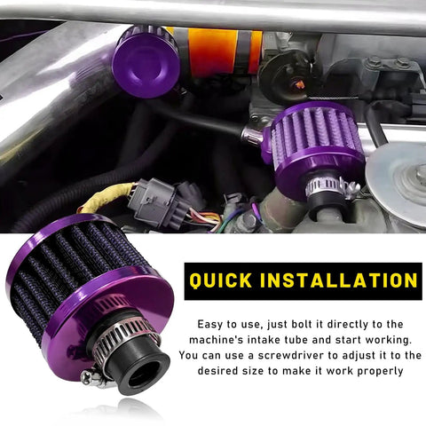 12mm Mini Air Filter For Universal Motor Cold Air Intake Breather Hot Turbo Vent Filter Cleaner Crankcase Purple installed