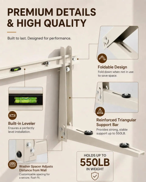 Close-up of Heavy Duty Mini Split Wall Mount Bracket for Outdoor Units with leveling bar and anti-vibration pads