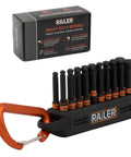 Ball End Hex Bit Set For Impact Drivers, 20 Pc Kit with orange carabiner and black storage rail, optimize torque, reduce breakage