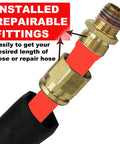 Close-up of installed repairable fittings on Heavy Duty Self Coiling Air Hose With Legit Slick Polyurethane Build And 3/8 Inch ID By Ten Feet Length.