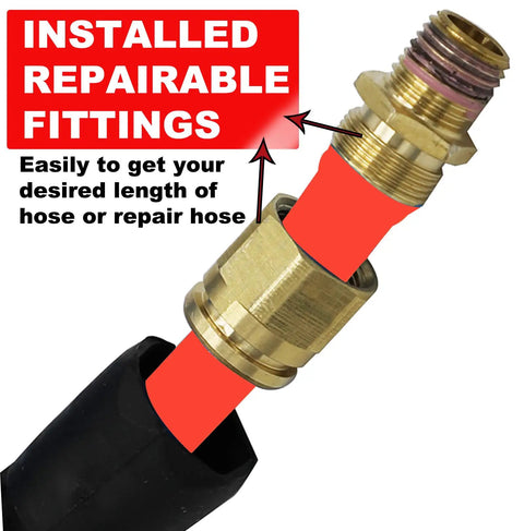 Close-up of installed repairable fittings on Heavy Duty Self Coiling Air Hose With Legit Slick Polyurethane Build And 3/8 Inch ID By Ten Feet Length.
