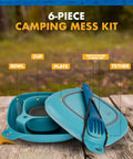 Six Piece Camping Mess Kit with plate, bowl, cup, Switch Spork utensil set, and tether. Airtight stackable design for easy transport.