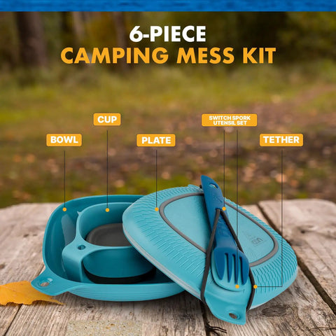 Six Piece Camping Mess Kit with plate, bowl, cup, Switch Spork utensil set, and tether. Airtight stackable design for easy transport.