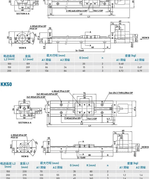 Top Shelf Linear Motion Guide Sliding Table optimized for heavy automation showing technical drawings and measurements.