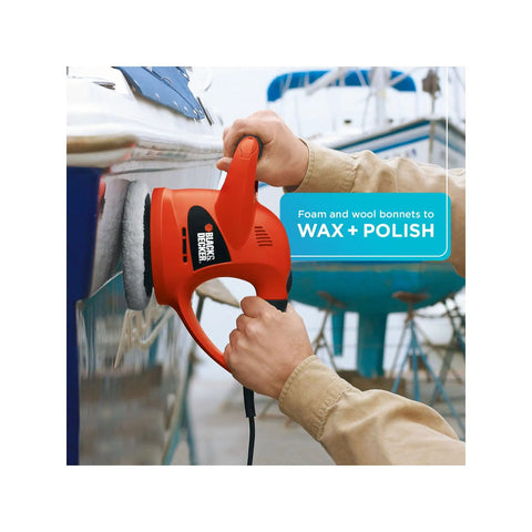 Person using Six Inch Orbital Car Buffer Polisher With Wool And Foam Bonnets, Random Orbit Action, Dual Handle Design on a boat