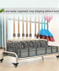 26 Inch Stainless Steel Broom And Mop Holder Rack With Built In Water Basin, Heavy Duty Cleaning Tool Organizer with brooms and mops