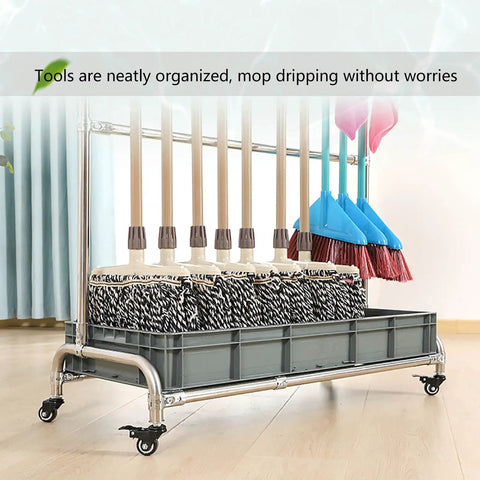 26 Inch Stainless Steel Broom And Mop Holder Rack With Built In Water Basin, Heavy Duty Cleaning Tool Organizer with brooms and mops