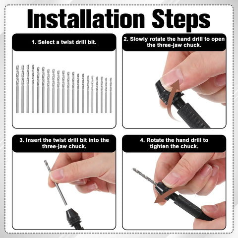 Installation steps for Killer 41 Piece Pin Vise Hand Drill Kit With 20 Micro Twist Bits And 20 Pcb Mini Bits shown with detailed instructions.