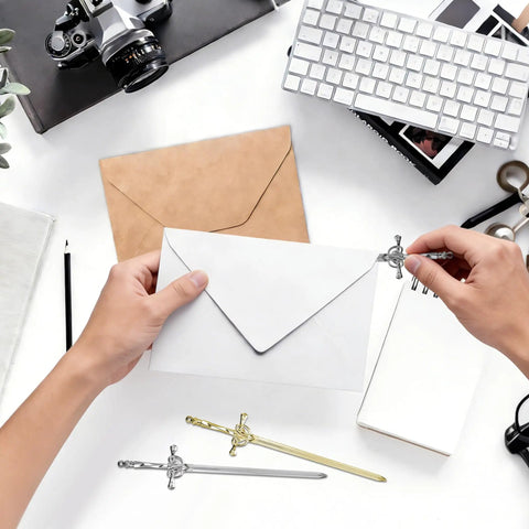 Opening envelope with Six Piece Sword Letter Opener Set With Metal Mail Openers And Ergonomic Handles, decorative slitters.
