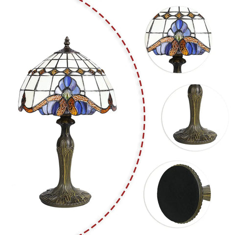 Vintage Tiffany Style Glass Table Lamp With Eye Catching Shade For Bedside Nightstand Or Desk Reading Light, stained glass details