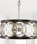 Three Light Wood Drum Chandelier In Brushed Nickel Finish With Dope Modern Farmhouse Vibe, Rustic Silver Chrome Round Ceiling Pendant