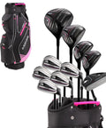 All-In-One 16-Piece Women's Golf Club Set With Titanium Driver, 3-Wood, 4-5 Hybrids, 7-SW Irons, Putter, Cart Bag, 4 Head Covers, Rain Hood, Right-Handed, Regular And Petite Sizes with black and pink cart bag shown