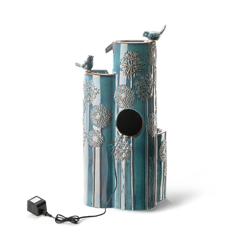 Turquoise Outdoor Water Fountain With LED Lights And Pump Dope 4 Tier Dandelion Texture Vase Shaped Ceramic Floor Standing With Birds