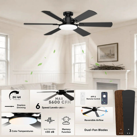 Smooth As Butter 52 Inch Ceiling Fan With Slick App And Remote Controls Featuring Whisper Quiet Motor Six Sleek Blades Dimmable Led Glow For Chill Living Room Setups, black finish, modern design.