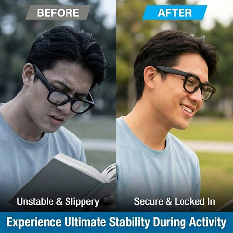 Before and after using Meta Ear Grip For Ray-Ban Gen 2 Smart Glasses, showing improved stability while wearing the glasses.