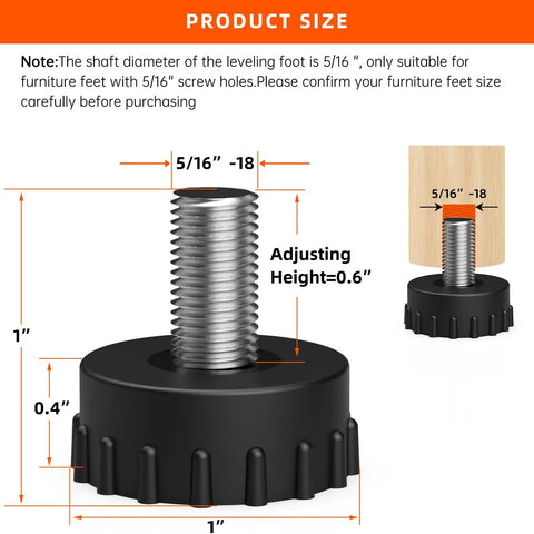 Premium 8 Pack 5 16 By 18 Thread Stainless Steel Furniture Leveling Feet Adjustable Screw In Glides size details with measurements.