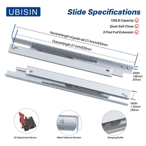 Undermount Drawer Slides 21 Inch 1 Pair Soft Close Full Extension Bottom Mount With Rear Mounting Bracket And Locking Devices