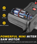 Mini Miter Cut Off Chop Saw For Metal And Wood Crafts, 0 To 45 Degree Miter, compact AC motor, 6000 RPM, detailed view