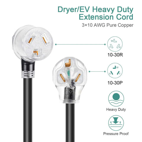 Dryer Extension Cord 3 Prong 50 Feet Heavy Duty NEMA 10-30P To 10-30R With Lighted End 125V 250V UL Listed cable details