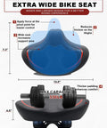 Diagram of oversized noseless bike seat 12.6W x 7.3H inches, highlighting wide support and thick padding for comfort.