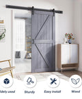 Gray Wood Barn Door Slab 36 Inch By 84 Inch With 6.6 Ft Barn Door Hardware Track Kit Included, installed between two rooms