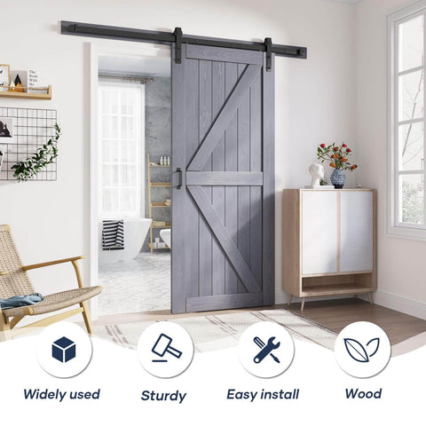 Gray Wood Barn Door Slab 36 Inch By 84 Inch With 6.6 Ft Barn Door Hardware Track Kit Included, installed between two rooms