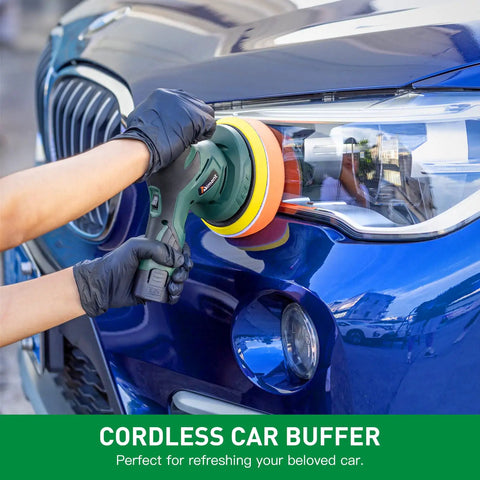 Cordless Car Buffer Polisher With Two 2000mAh Batteries And Charger in use on blue car's headlight area