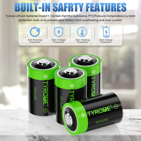 Top Shelf 3.6V Half AA LS 14250 ER14250 Lithium Batteries With Rated 1200 Mah showing safety features for reliable operation.