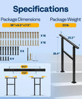 Specifications of Rock Solid Outdoor Handrail For Stairs And Deck Heavy Duty Straight Rail, dimensions and parts included.