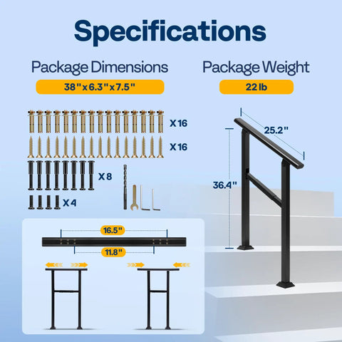 Specifications of Rock Solid Outdoor Handrail For Stairs And Deck Heavy Duty Straight Rail, dimensions and parts included.