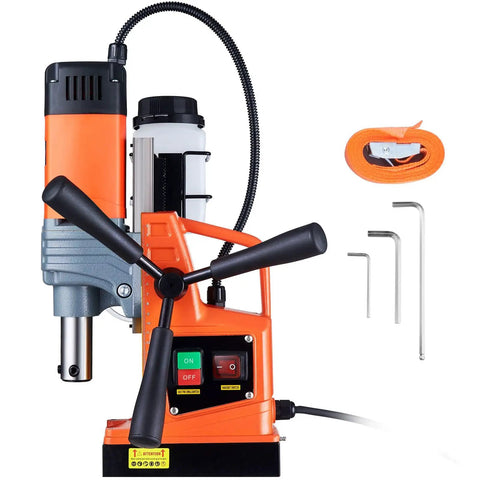Heavy Duty Magnetic Drill Press Featuring A Badass 1300 Watt Motor Delivering Rock Solid 2810 Lbf Pull Force To Rip Through Thick Steel Plates Like Butter Daily, orange and grey design.
