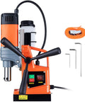 Heavy Duty Magnetic Drill Press With 1300 Watt Motor And 1.6 Inch Bore showing control panel and accessories for metal drilling.