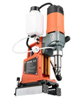 Front view of VEVOR magnetic drill press with orange housing, gray body, and coolant bottle