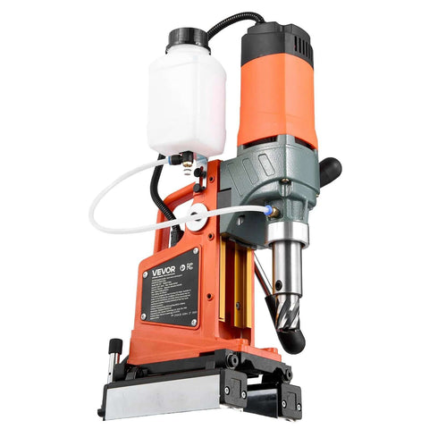 Front view of VEVOR magnetic drill press with orange housing, gray body, and coolant bottle