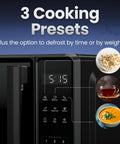 No Sweat Compact Countertop Microwave Oven 0.7 Cubic Foot 700 Watts Fast Heat control panel showing 3 cooking presets and display.