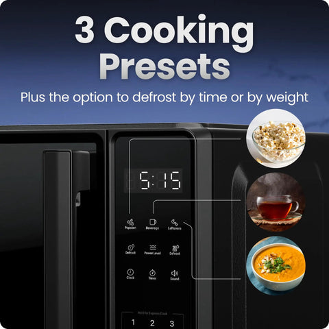 No Sweat Compact Countertop Microwave Oven 0.7 Cubic Foot 700 Watts Fast Heat control panel showing 3 cooking presets and display.
