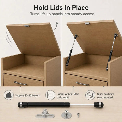 Set Of 4 Straight Up Heavy Duty Gas Struts With Smooth As Butter Operation 22.5 Pound Lift Force And 10 Inch Length Gas Springs in use on a cabinet lid.
