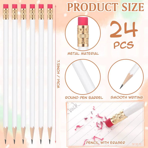 Round Pencils With Erasers 24 Pack Unsharpened 2 HB Graphite Wood Pencils For School Drawing Sketching And Classroom Use White Bodies With Red Erasers Bulk Student Reward Supplies