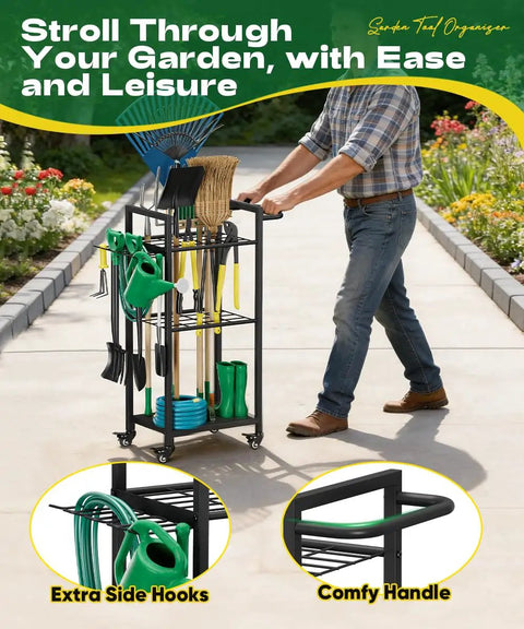 Person using Heavy Duty 3 Tier Metal Garden Tool Organizer On Wheels With Side Hooks Freestanding Garage Storage Rack