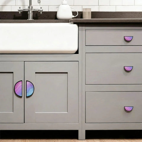 Pastel Rainbow Fluid Marble Cabinet Handles 2 Pack With 3 Inch Hole Center Semicircle Drawer Pulls, Black Zinc Alloy Hardware