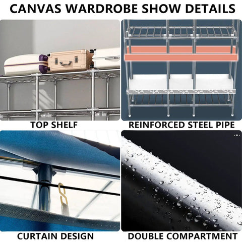 Detailed view of Kickass Portable Canvas Wardrobe Organizer With Deep Hanging Rail, top shelf, steel pipe, and curtain design.